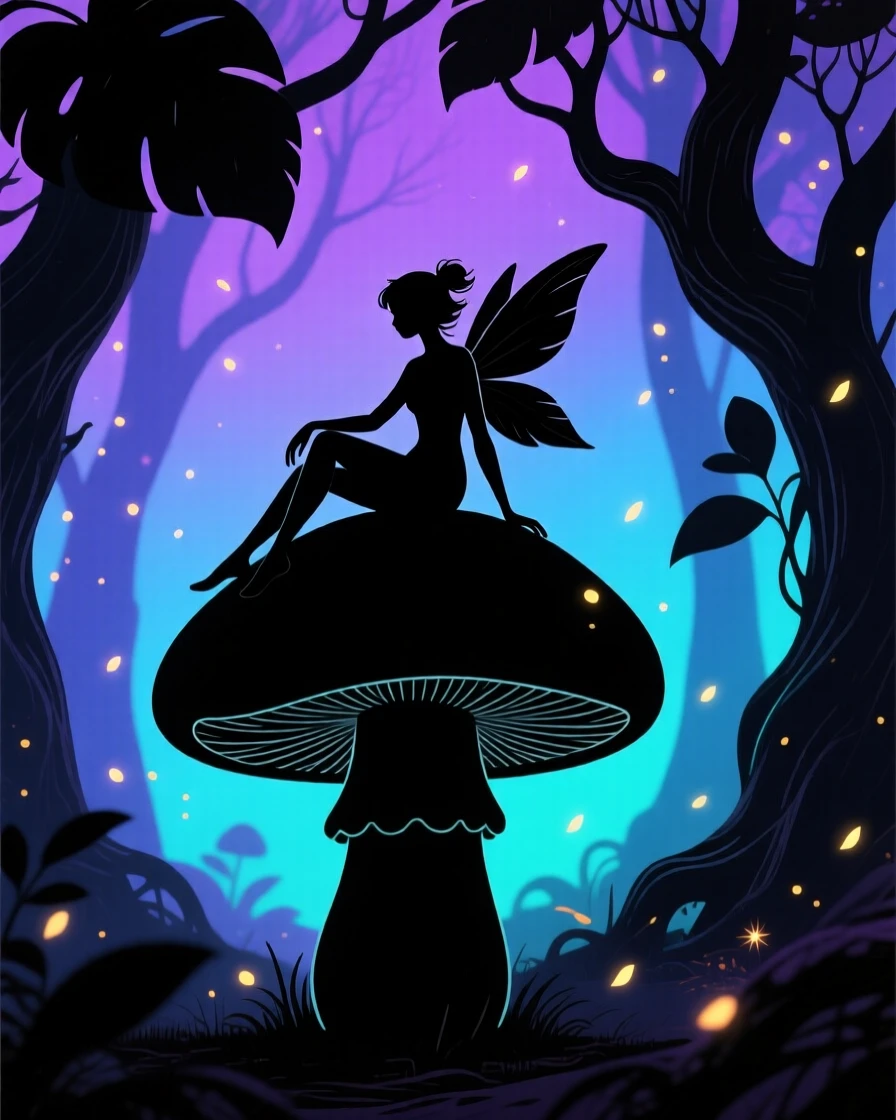 A fairy resting on a giant mushroom deep within an enchanted, glowing forest.