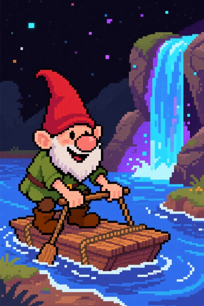 A mischievous gnome building a tiny raft to cross a river, beside a waterfall that glows at night.