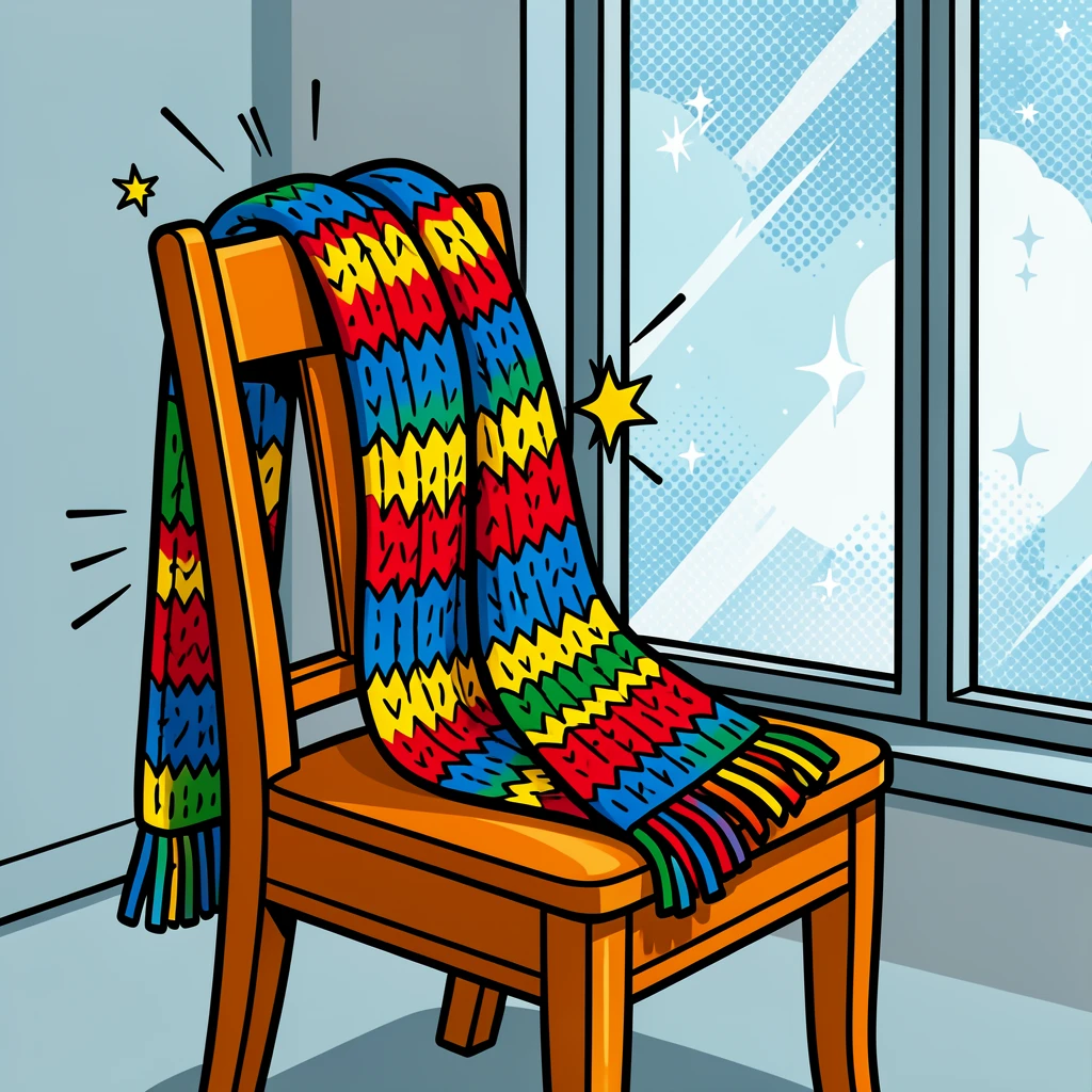 A hand-knit scarf draped over a wooden chair by a frosty window