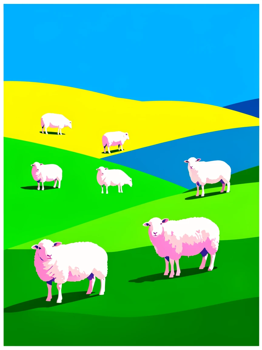 Rolling green hills dotted with sheep