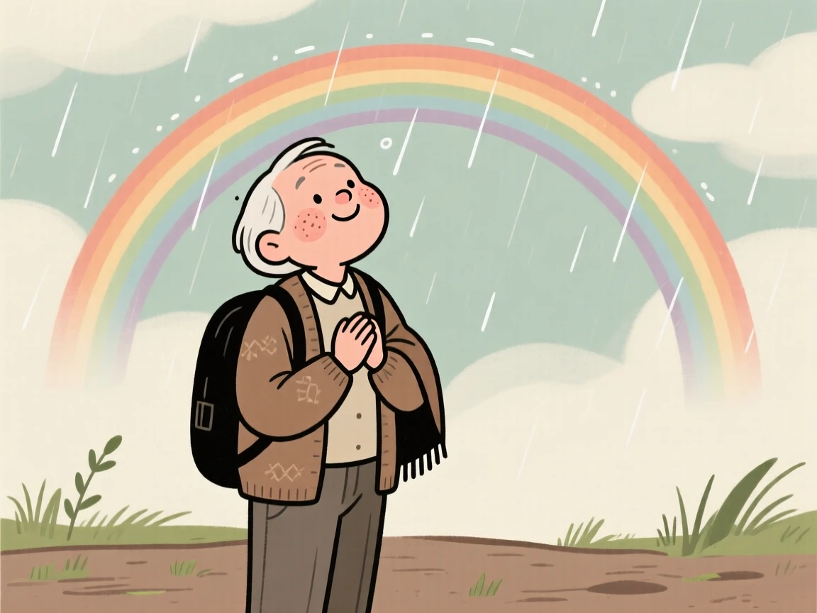 A elderly traveler looks up in quiet wonder at a rainbow after the rain, hands clasped together as a feeling of gratitude settles over the scene.