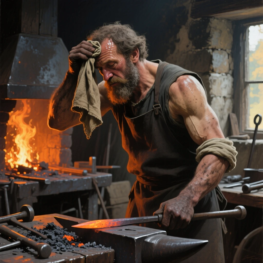 A tightly framed close-up of a blacksmith wiping sweat from his brow beside a glowing forge, in late afternoon, in medieval times.