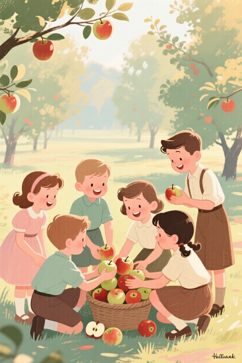 Children gathering apples together in an orchard