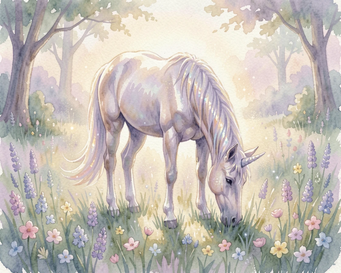 A unicorn grazing in an enchanted meadow with a gentle magical glow illuminating the scene.