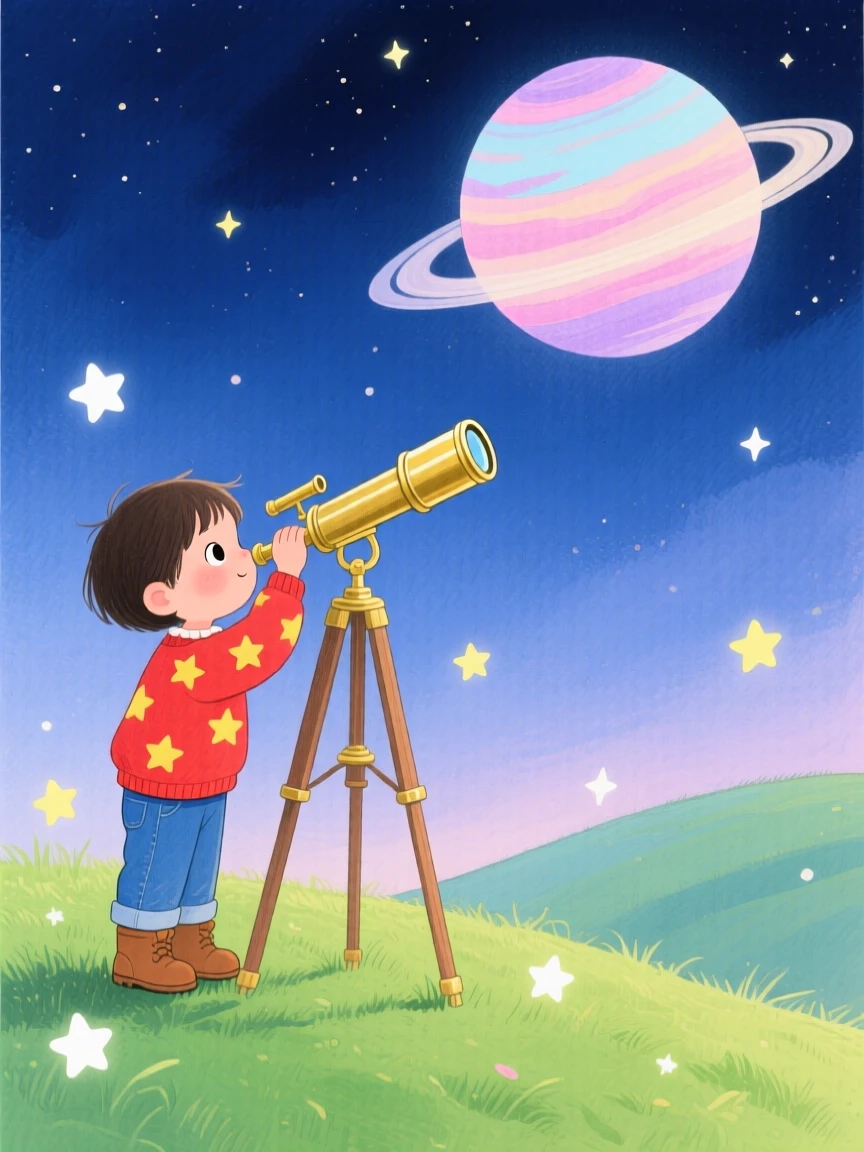 A child looking through a telescope at a ringed planet, full of wonder and discovery.