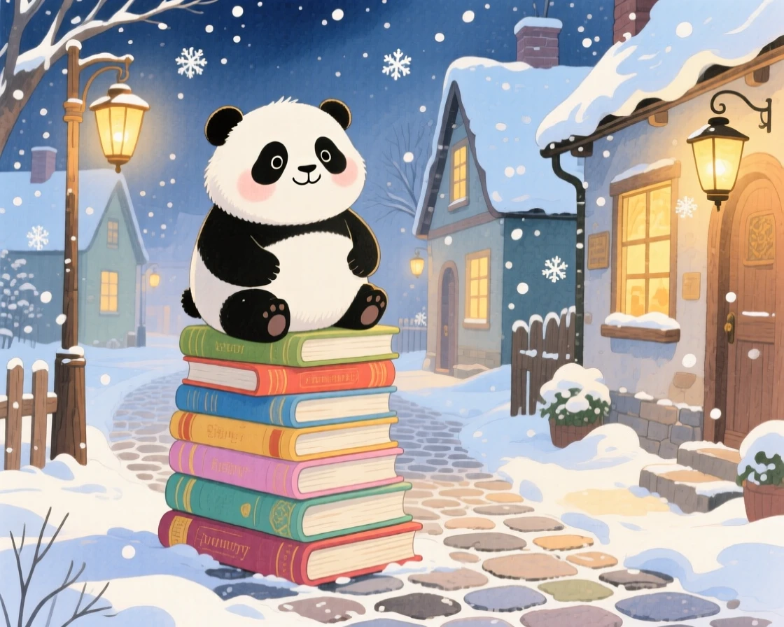 A chubby panda cub sitting proudly atop a stack of storybooks, set in a snowy village street lined with warm lantern light, brimming with cozy comfort.