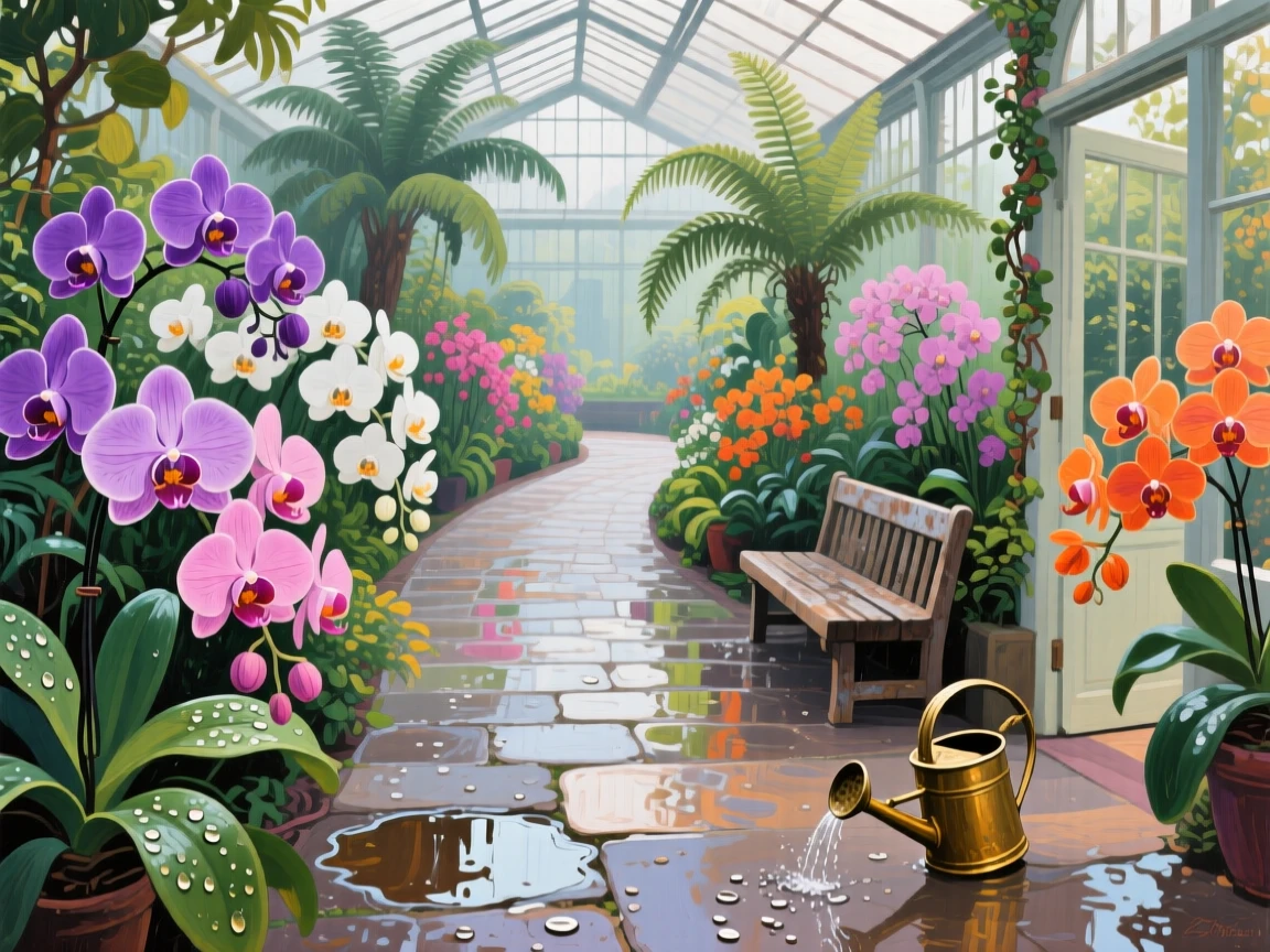 a conservatory path lined with orchids, just after watering, with a balanced, spacious view of the surroundings.