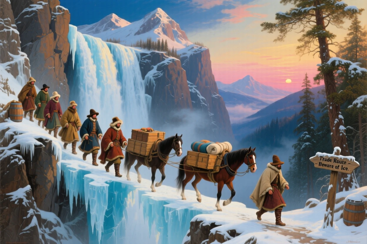 A caravan of traders traverses a frozen waterfall clinging to the rock as dawn breaks over the peaks.