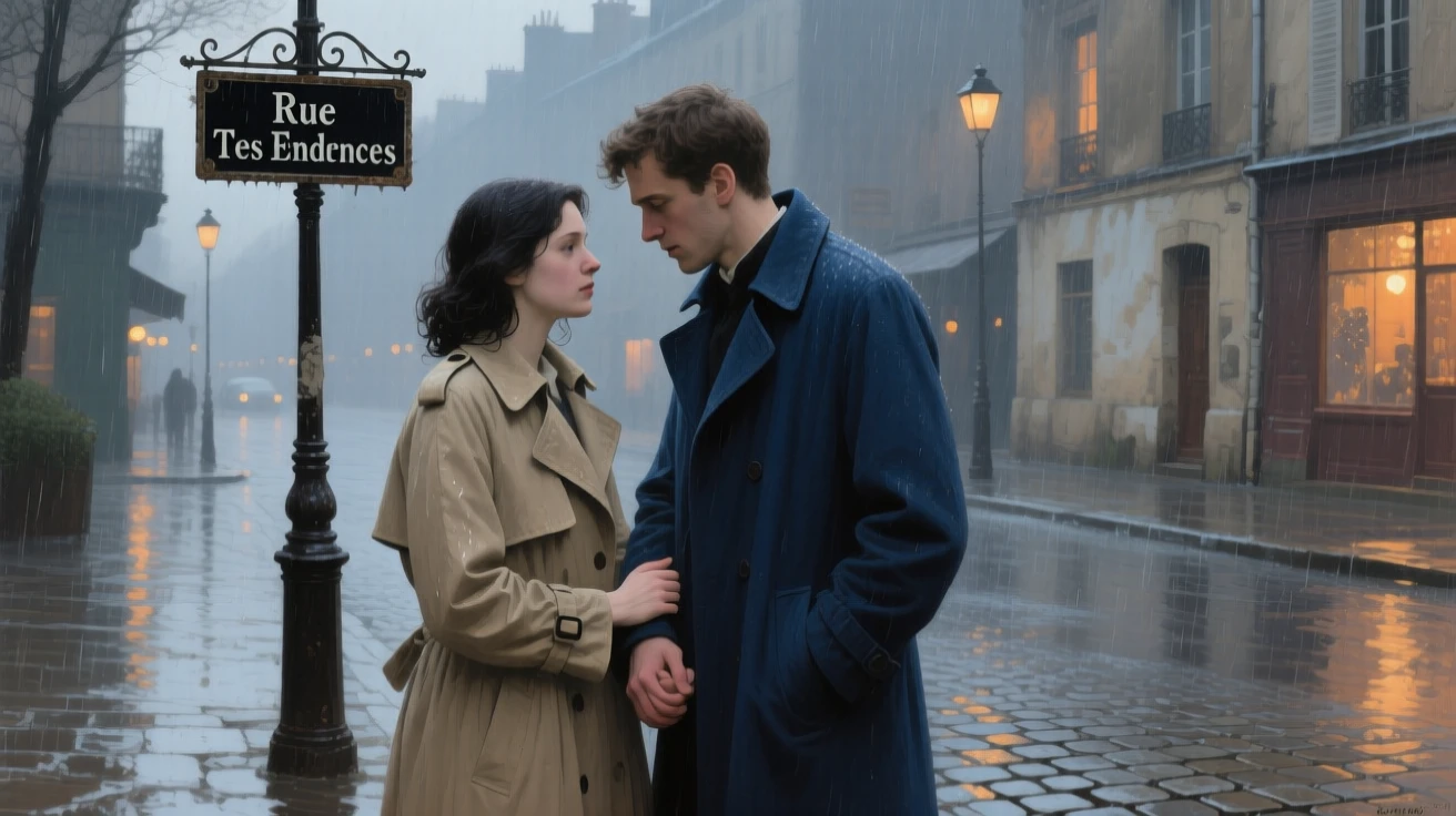 A young couple sharing a quiet, tender moment on a rain-soaked city street, framed closely to draw focus to their heartfelt expression, evoking warmth, empathy, and genuine connection
