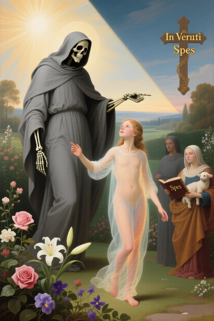 Death depicted as a gentle guide leading a soul toward the light as light and shadow embody opposing truths, set within a garden where every bloom carries hidden meaning, with allegorical attendants representing virtues gathered nearby; contrasting light and shadow divide the canvas into meaningful halves, filled with quiet reverence for forces greater than ourselves.
