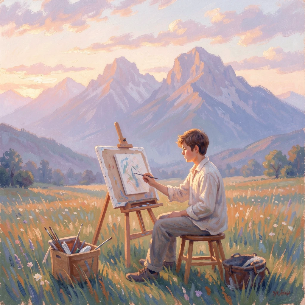 A young artist painting outdoors before a dramatic mountain vista, easel and canvas catching the last light of day.