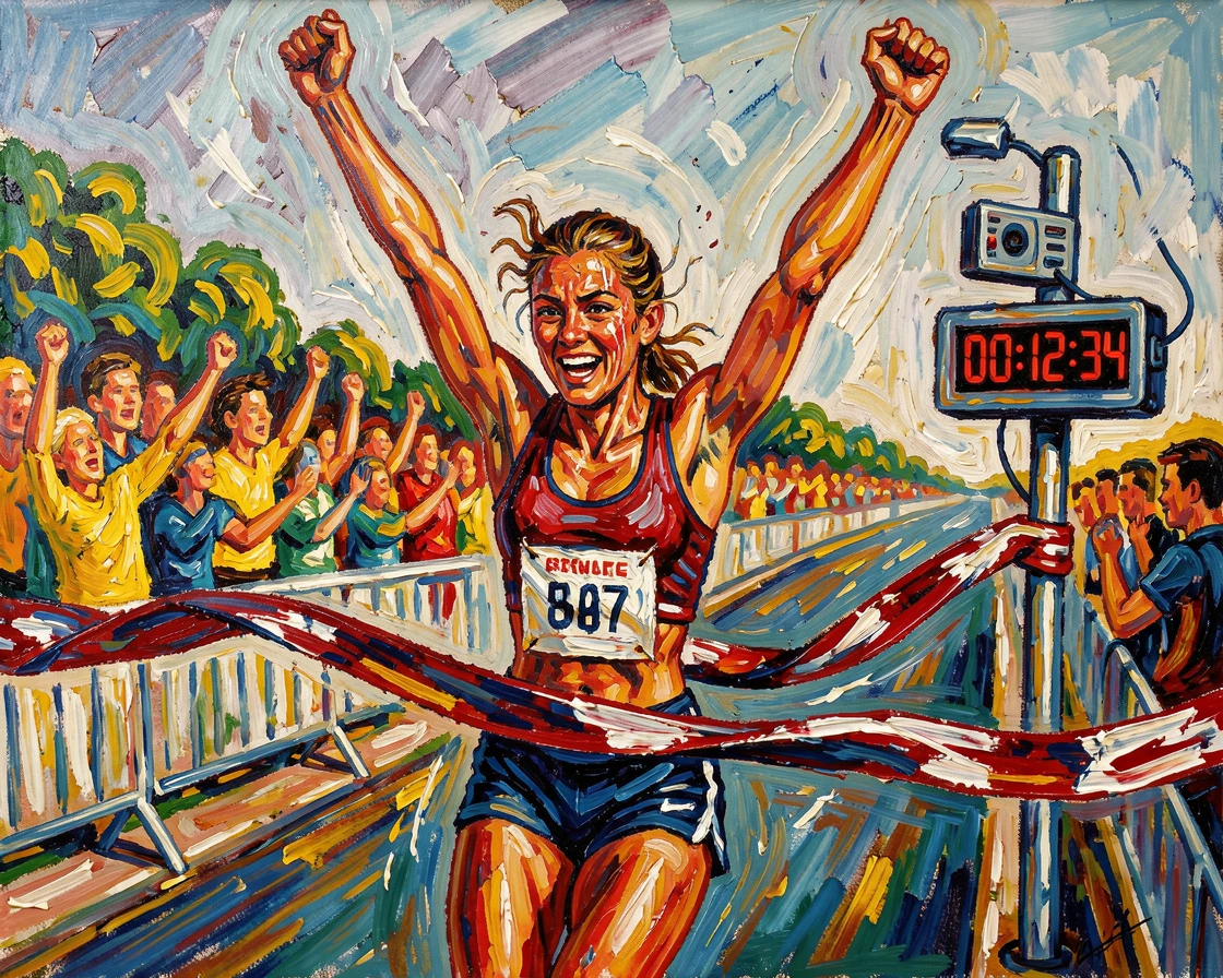 A determined athlete crossing a finish line, arms raised, sweat and joy on her face.