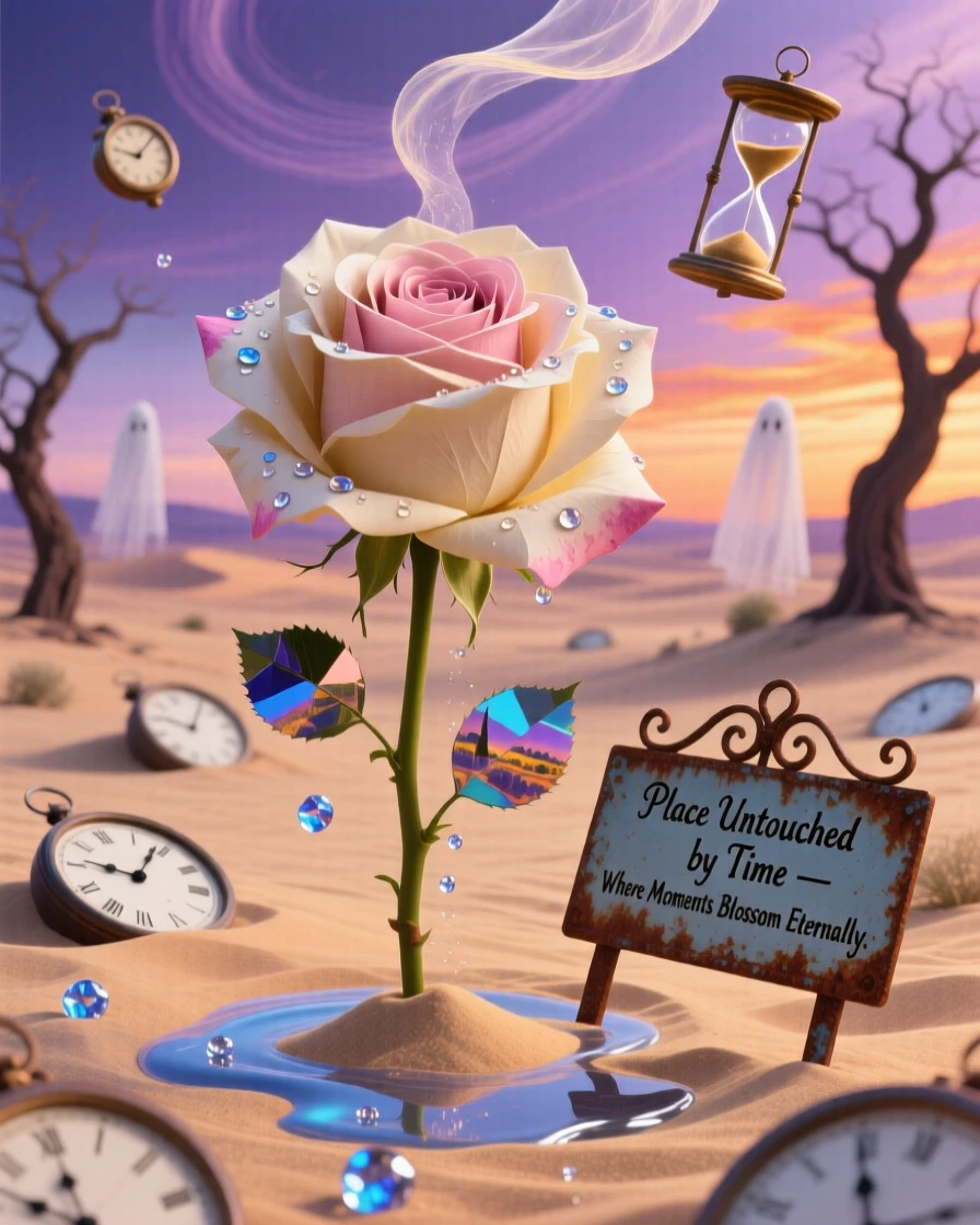 A single rose blooming petals made of soft folded paper thrives quietly in a place untouched by time, while morning dew clings like small scattered jewels.