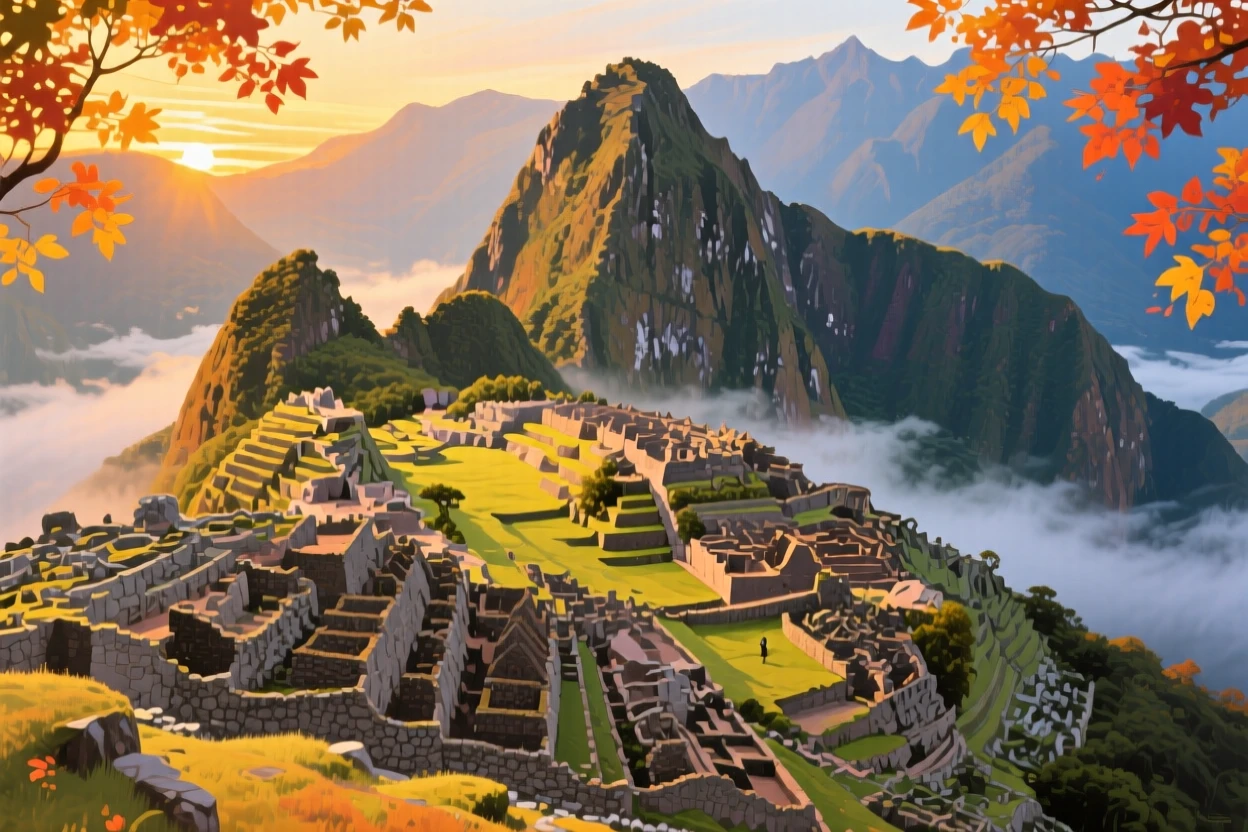 Machu Picchu's terraces wrapped in morning mist, bathed in golden sunset light, vivid autumn color framing the scene