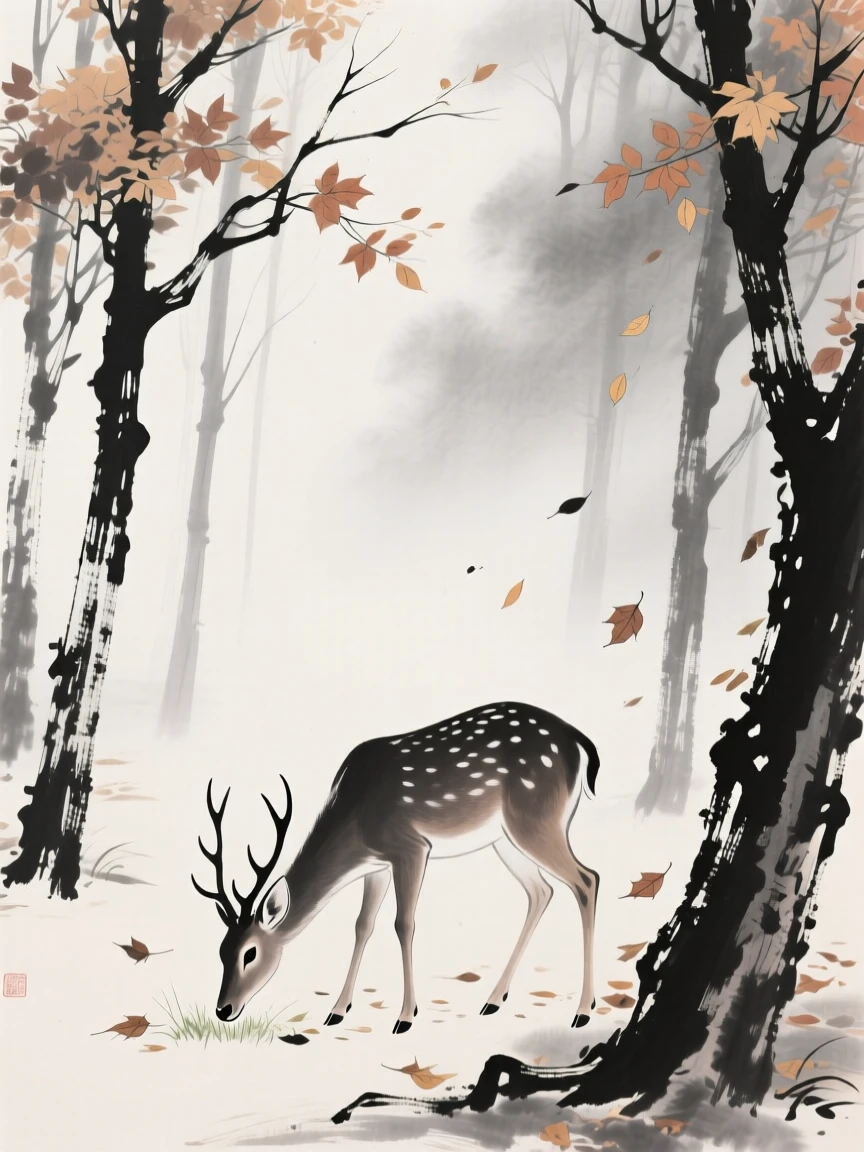 A deer looks up from grazing as mist drifts through the trees, as autumn leaves fall gently around them.