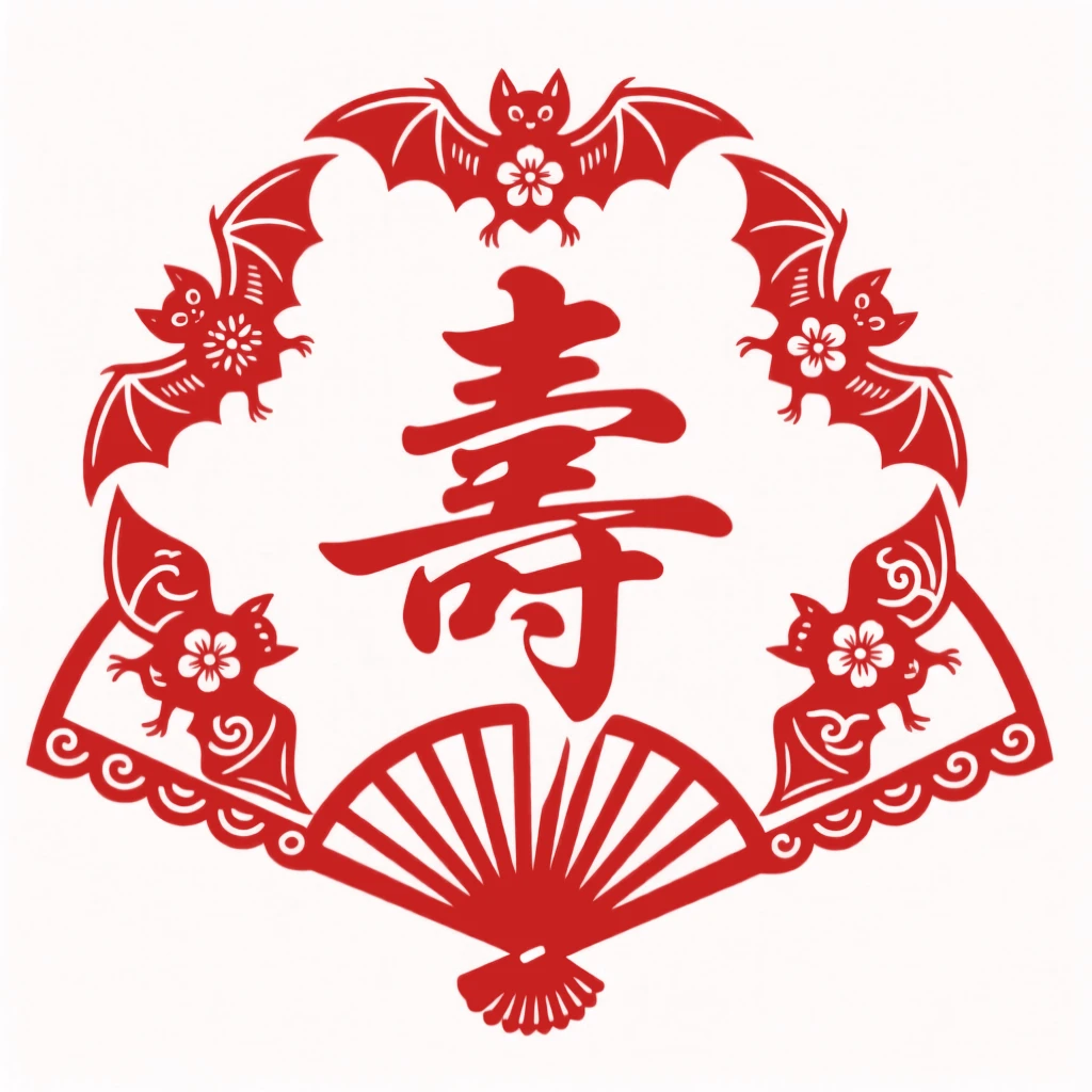 A design of a fan-shaped composition featuring a ring of five bats around a longevity character, radiating outward from a central focal point.