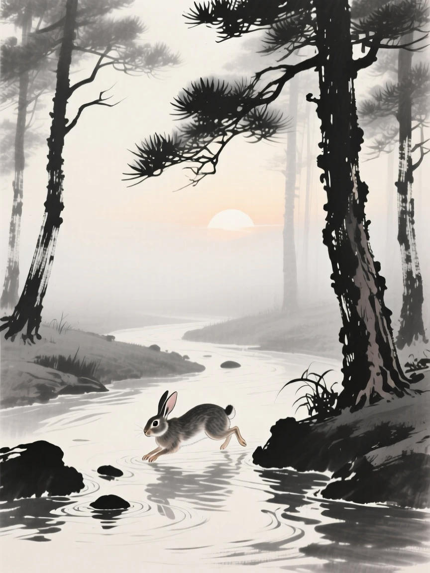 A rabbit crossing a shallow stream at first light in a misty pine forest, viewed through a gentle veil of morning mist, evoking the gentle rhythm of the natural world.