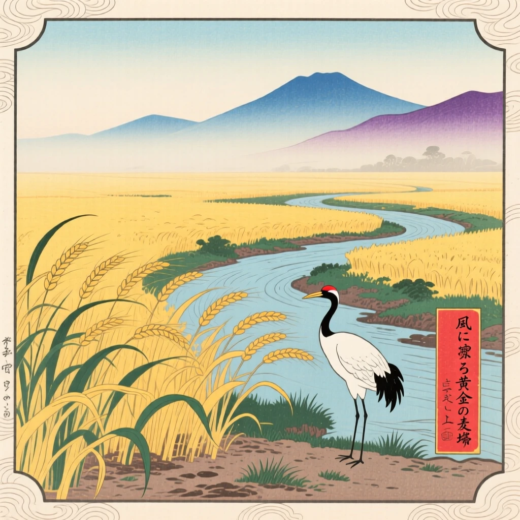A golden wheat field swaying in the wind with distant mountains fading into haze.