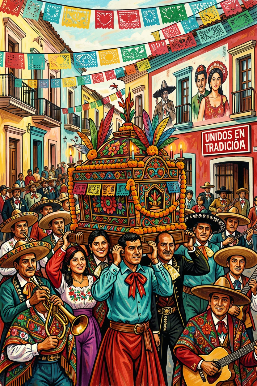 A cultural procession carrying a decorated shrine through the streets