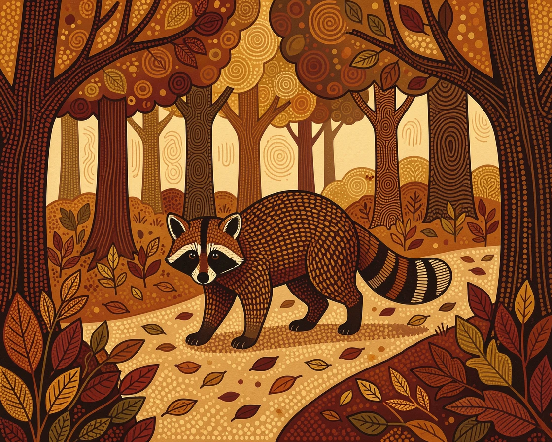 A raccoon wandering through an autumn woodland