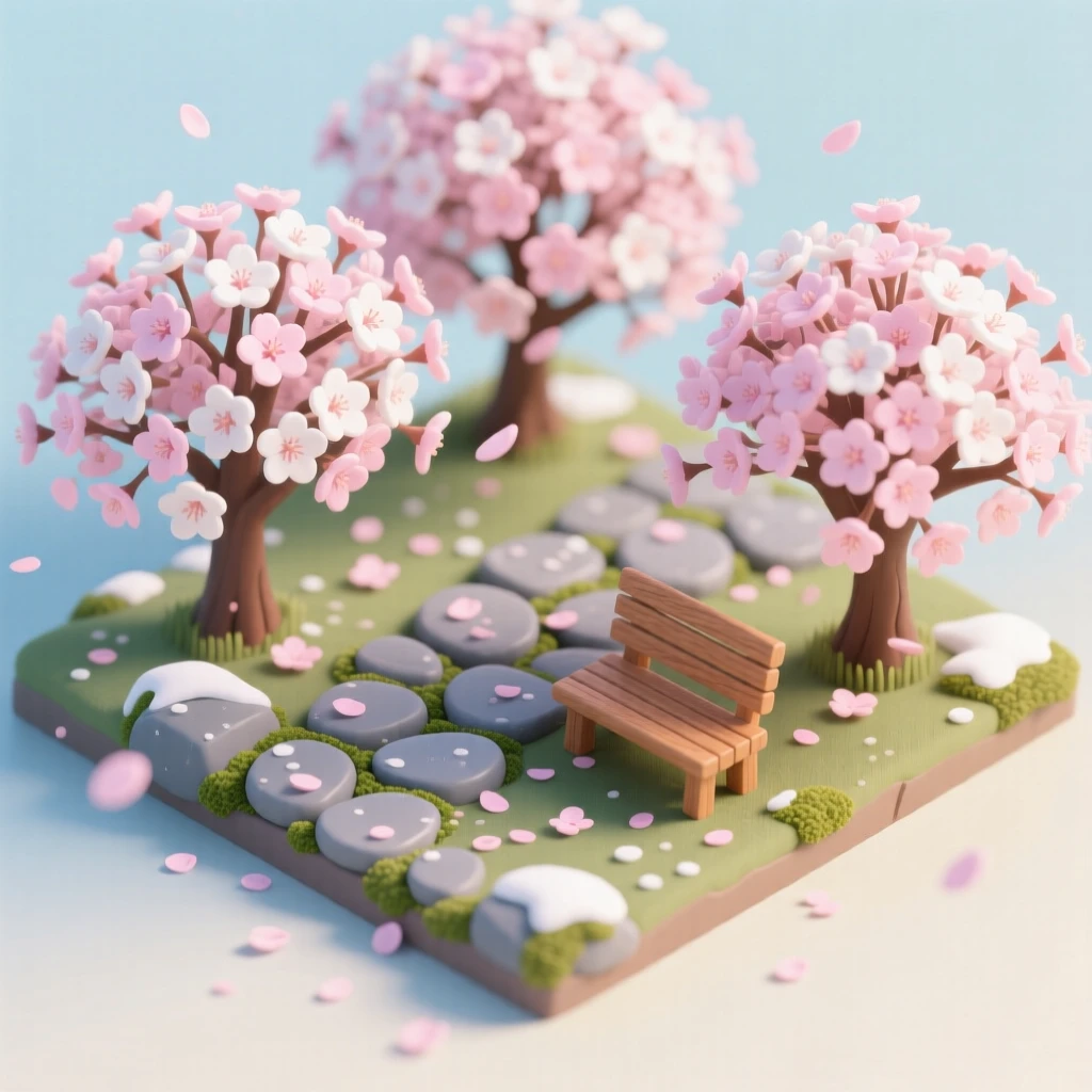 A cherry blossom grove in full bloom, petals drifting like snow across a stone path, and a small wooden bench beneath the canopy.