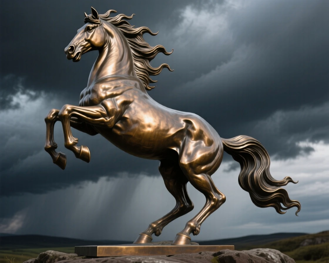 A stallion rearing against a stormy sky, rendered with rich, dynamic energy, evoking wonder and majesty