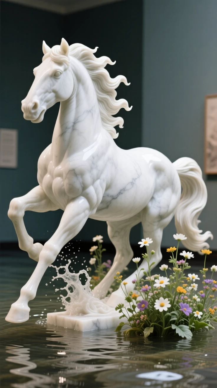 A majestic white horse galloping through shallow water captured in a powerful, dignified pose amid blooming wildflowers