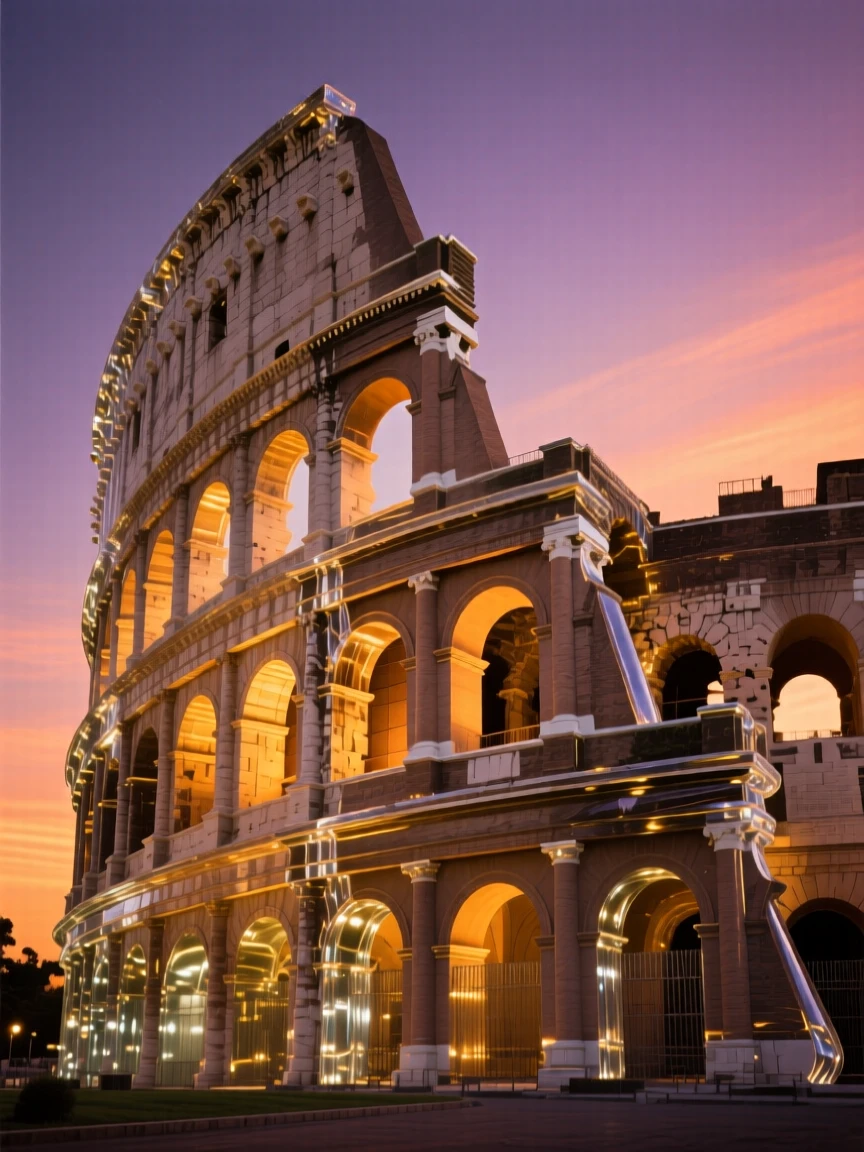 The Colosseum in Rome, viewed from a dramatic low angle under a vivid sunset sky, warm golden light highlighting every architectural detail, awe-inspiring and grand.