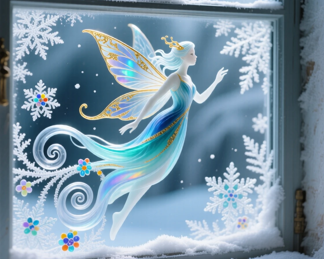 A frost fairy trailing icy patterns across a winter windowpane, delicate and magical.