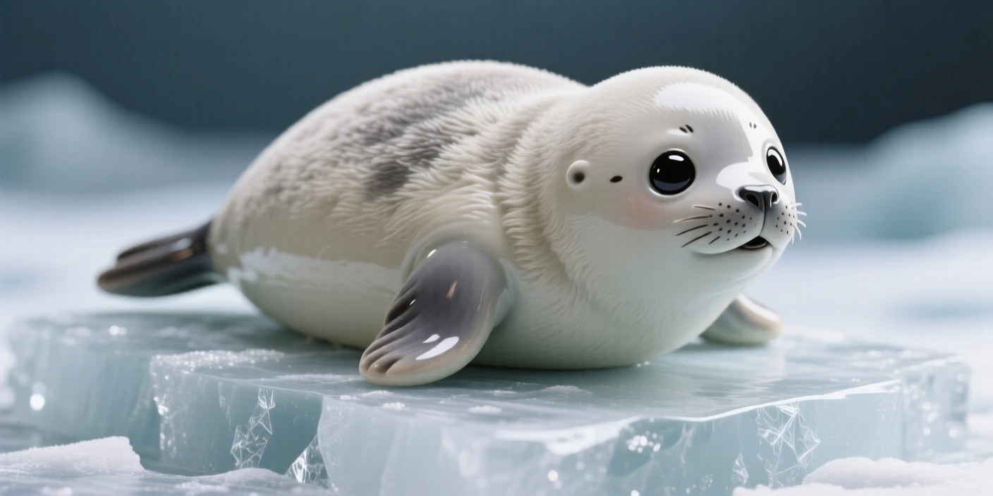 A plump baby seal resting on the ice caught mid-wobble in a first clumsy step, with big round eyes full of innocent wonder, radiating adorable, joyful innocence.