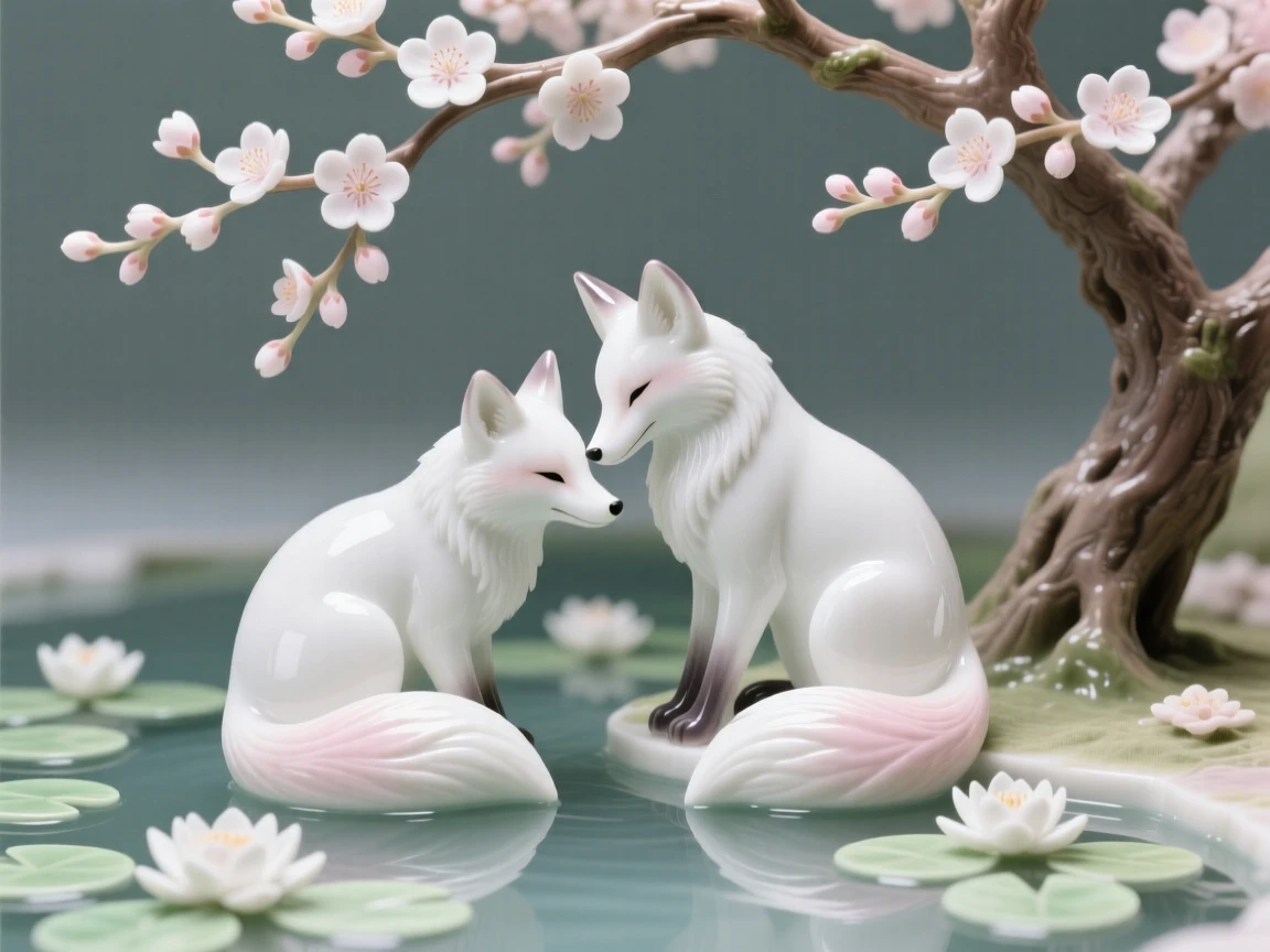 A pair of foxes nuzzling gently beneath a blossoming tree beside a lily-covered pond.