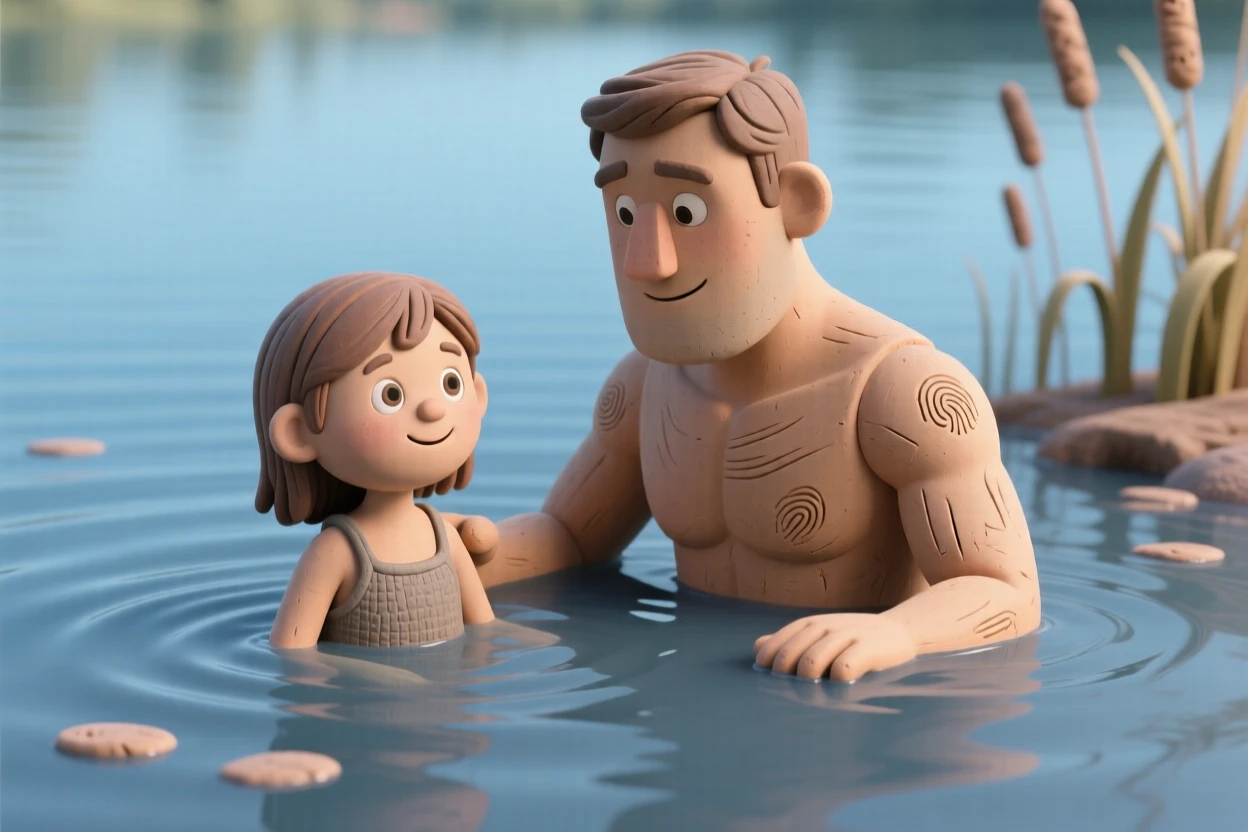 A father teaching his daughter to swim in a calm lake