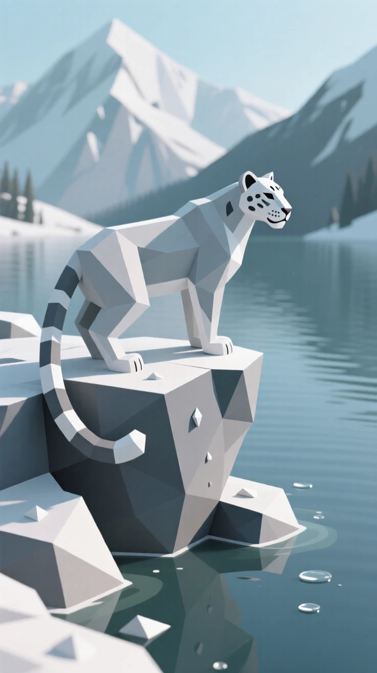 A snow leopard perched on a rocky ledge, beside a crystal-clear mountain lake. water droplets and fine textures catch the light. The atmosphere is wild and untamed.