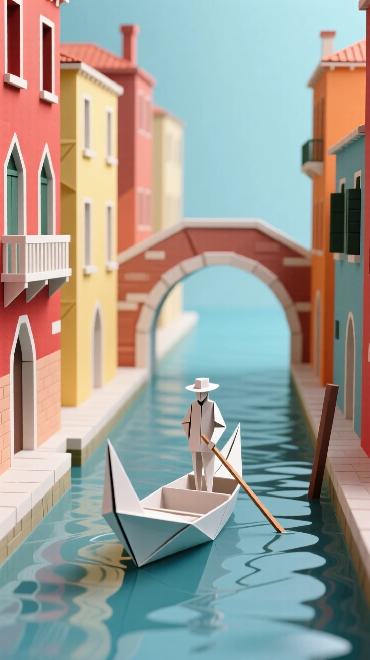 Venice's Grand Canal lined with colorful buildings, a gondola gliding beneath an arched bridge.
