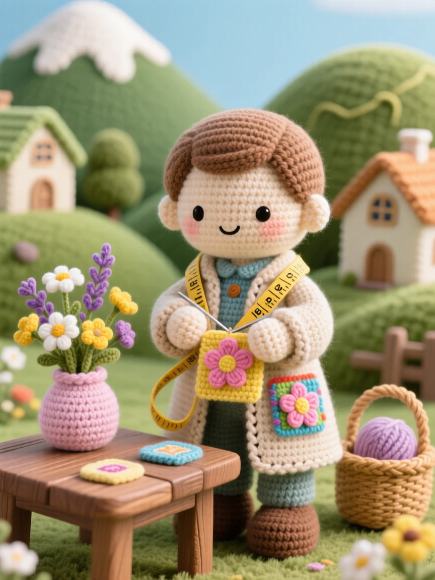 a gentle tailor figure, with a measuring tape draped over the shoulders, stitching a small patch onto a coat, in a mountain village nestled among green hills, with a small vase of wildflowers on the table nearby, conveying quiet contentment in simple daily work.