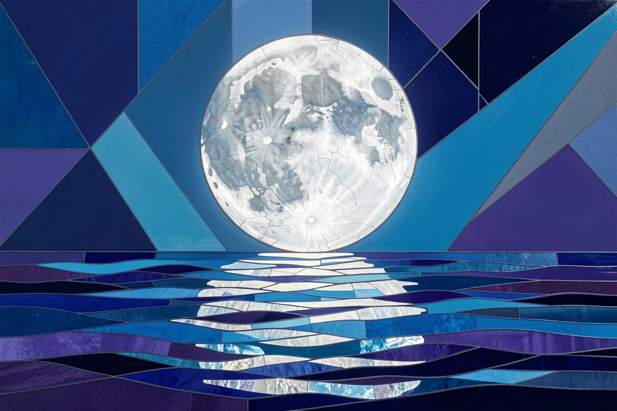 A full moon rising dramatically over a calm ocean horizon, rendered in vivid deep color with luminous detail.