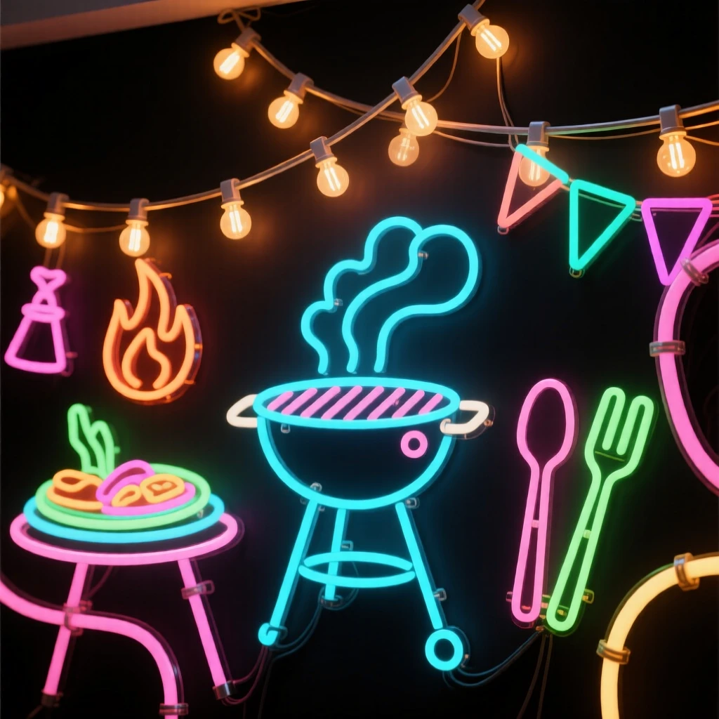 A summer block party with string lights and a barbecue grill.