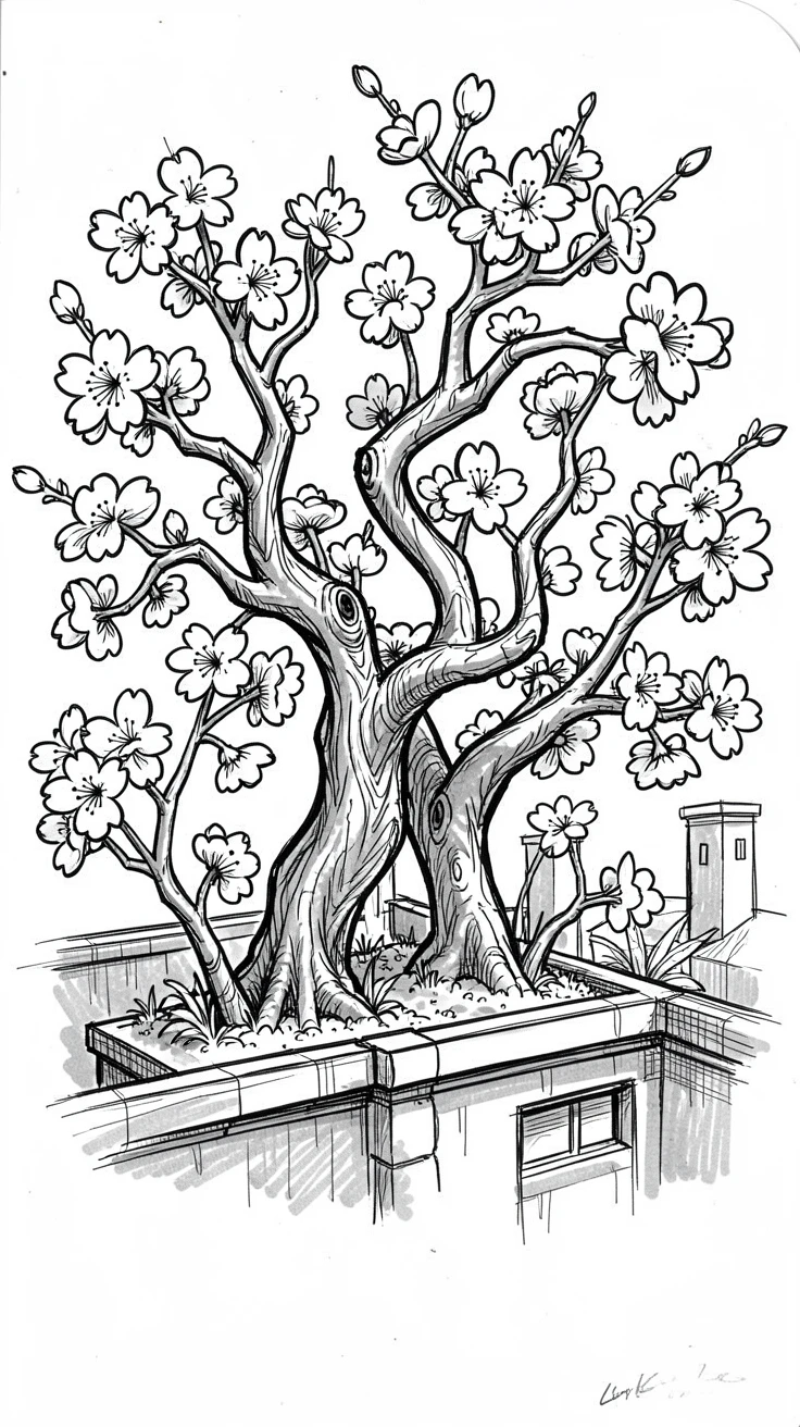 A cluster of cherry blossom branches in a rooftop garden.