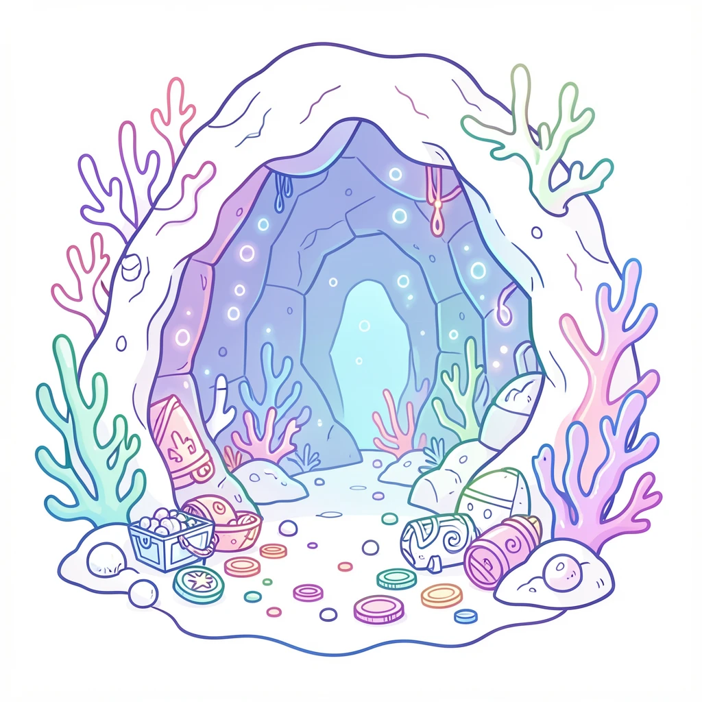 A sea witch's lair decorated with glowing coral and sunken treasure.