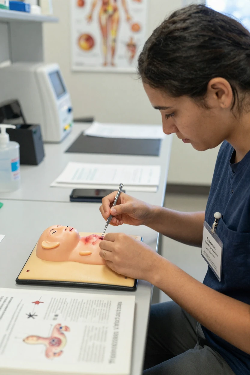 A veterinary student practices suturing techniques on a training pad.