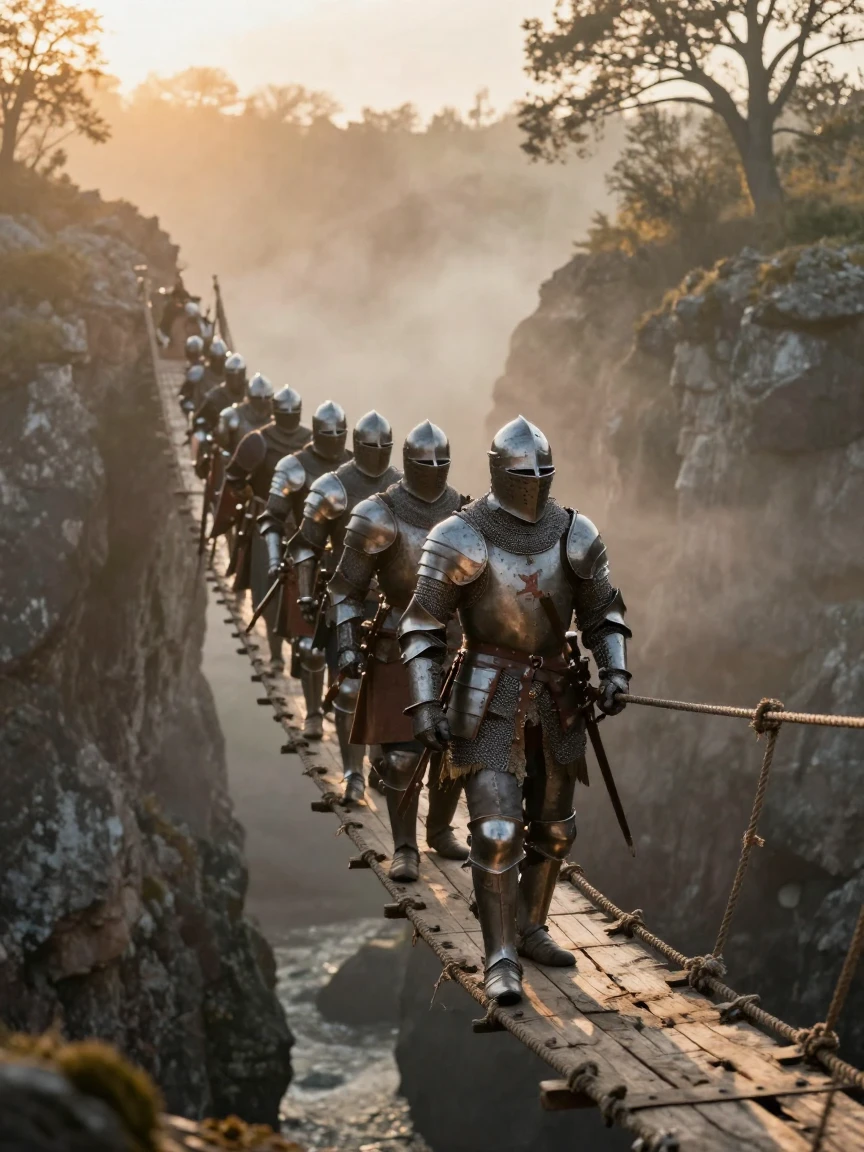 A band of medieval knights crossing a rope bridge above a deep gorge