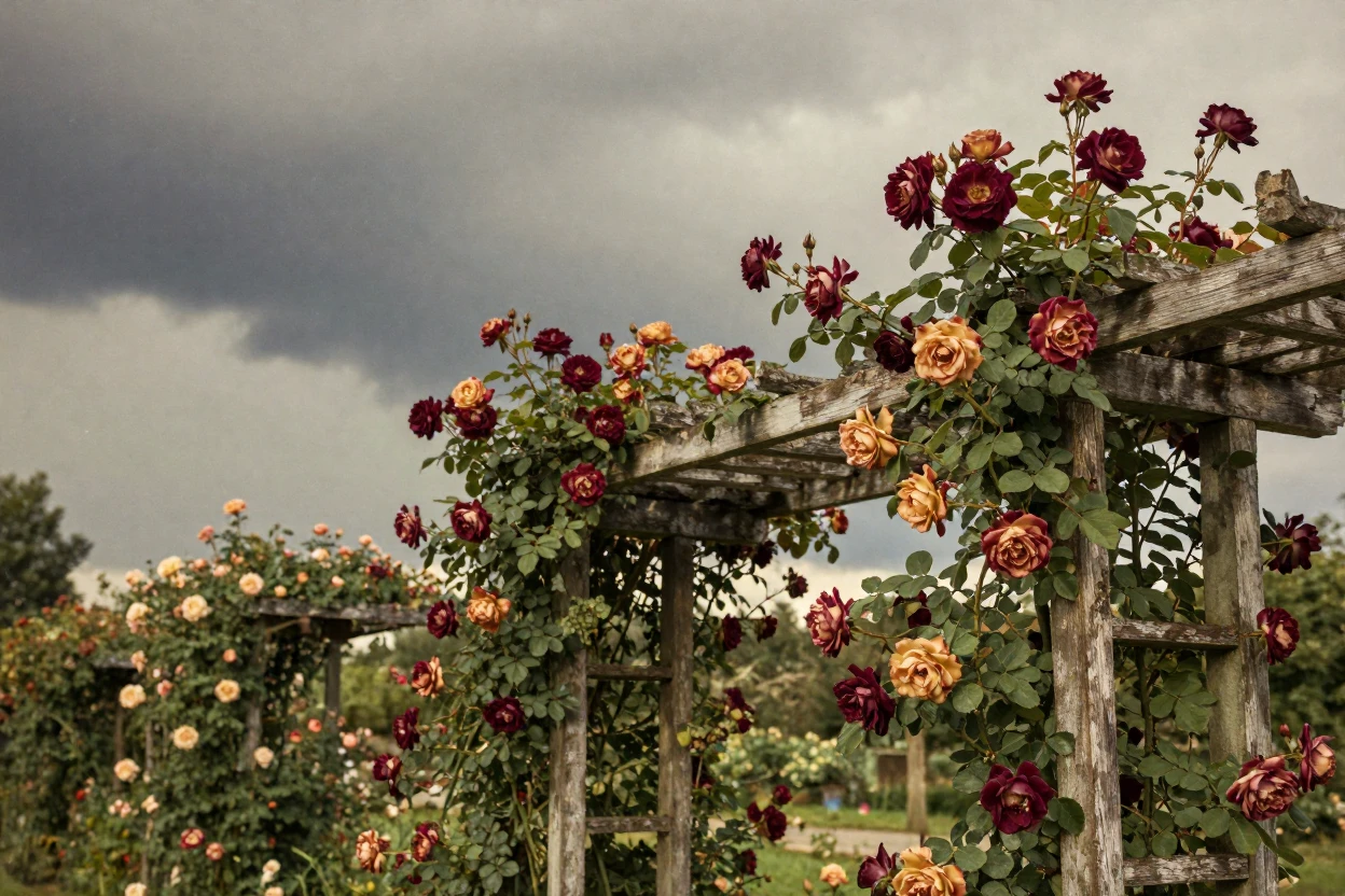 Climbing roses cascading over an old garden trellis, under a canopy of stars, under a darkening storm sky, in the height of summer, with rich burgundy and gold accents, from a three-quarter angle.