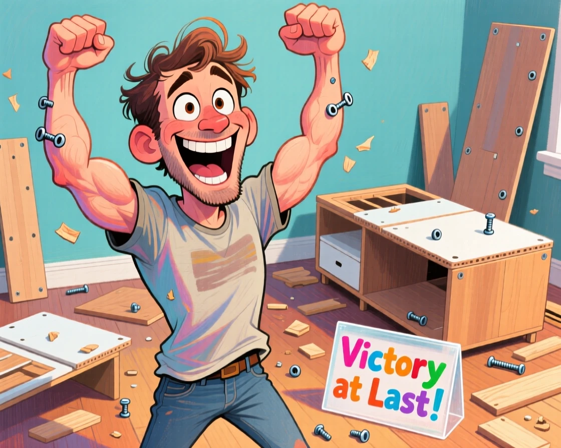 A man doing an exaggerated victory pose after finally assembling furniture correctly.