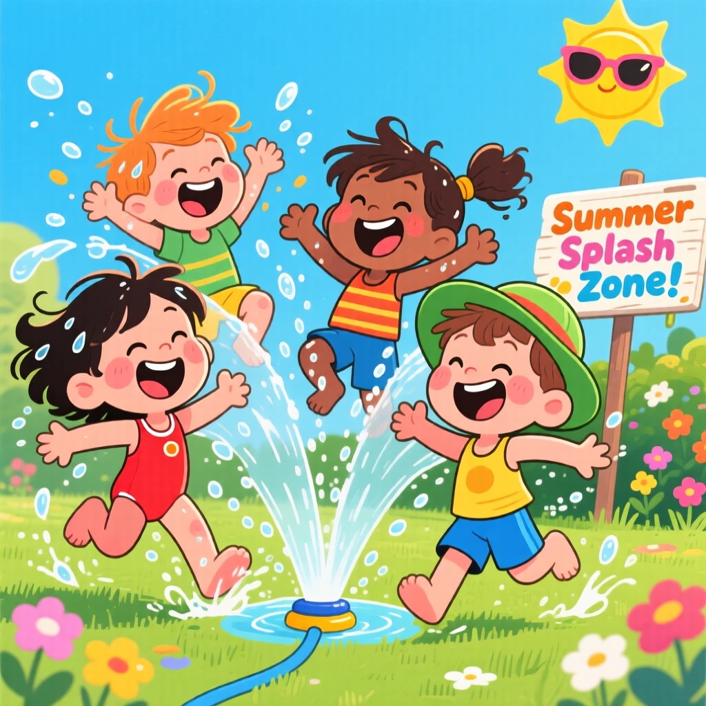 A playful childhood moment of kids splashing joyfully through a sprinkler on a hot summer day.