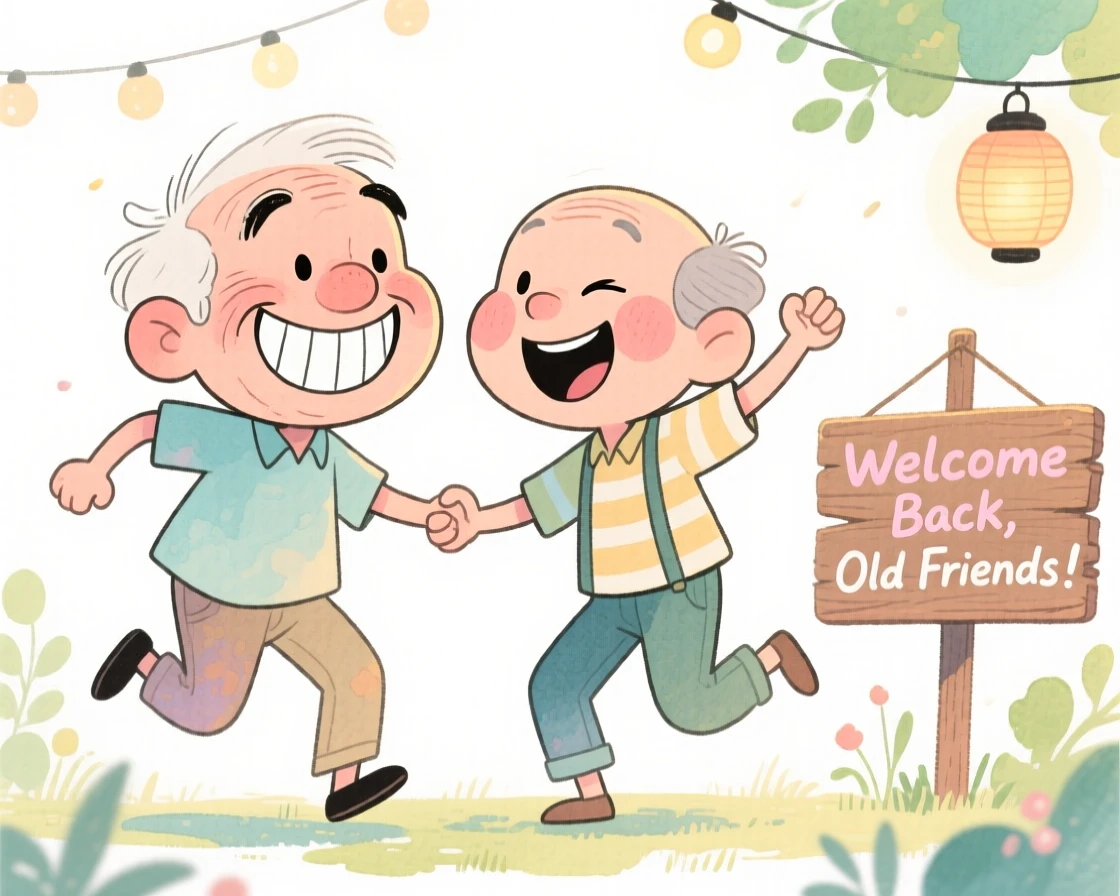 Old friends reuniting dancing together at an outdoor summer party