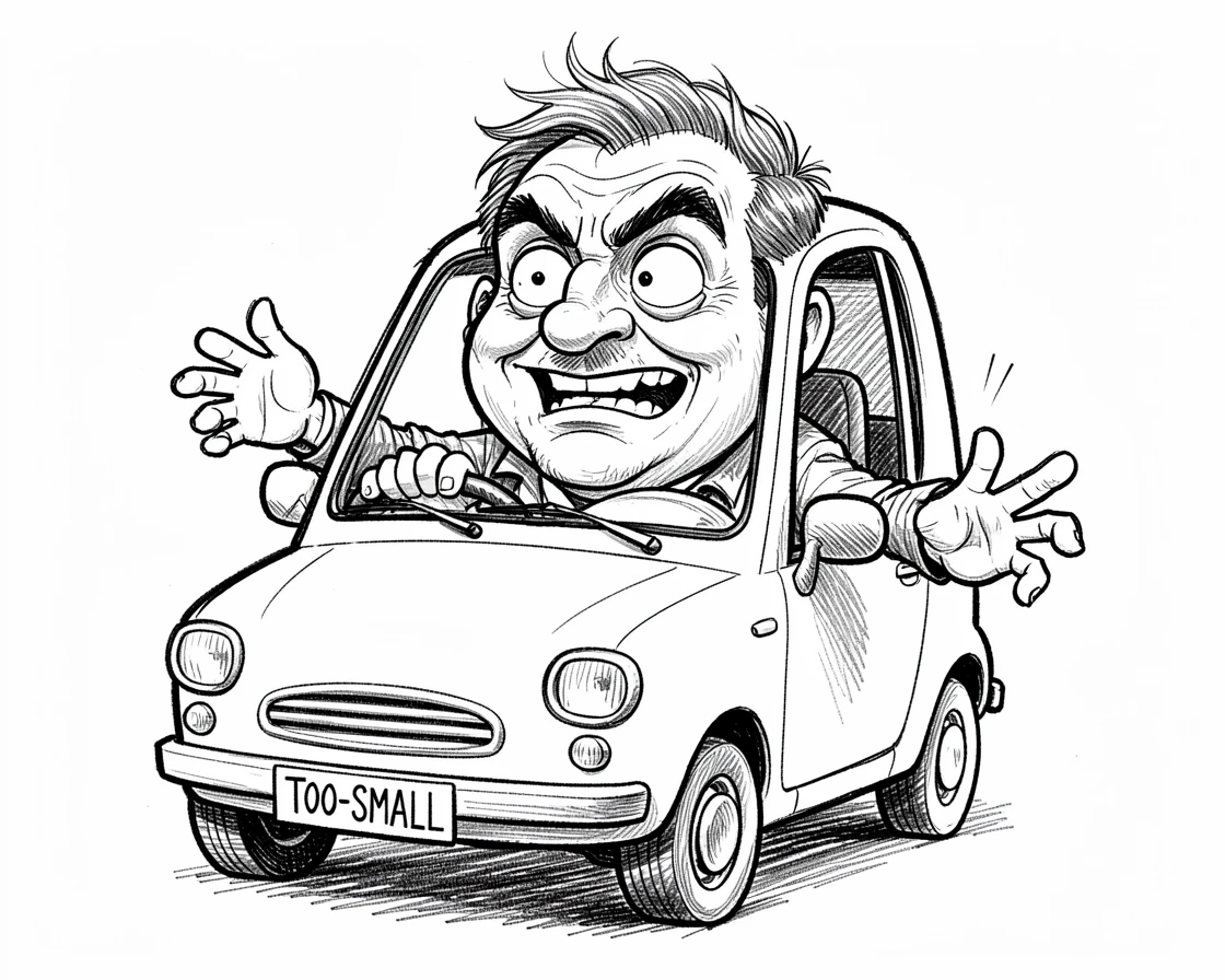 [Funny & Exaggerated Situations] Comical scene of a man in a tiny car that's comically too small for him, exaggerated for maximum laughs