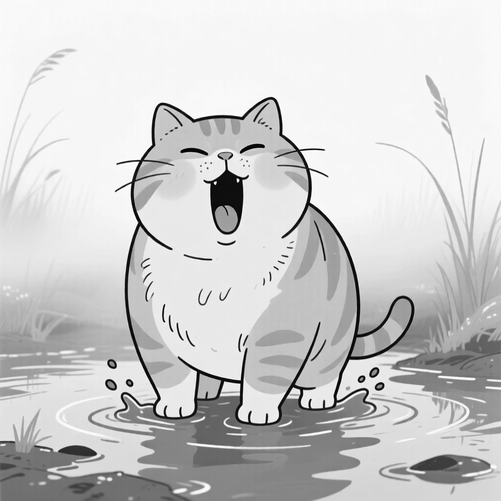 A chubby orange tabby cat mid-yawn, shivering with an embarrassed expression, set wading in a shallow muddy river. Morning mist clings to the grass. There's something deeply endearing about the little chaos.