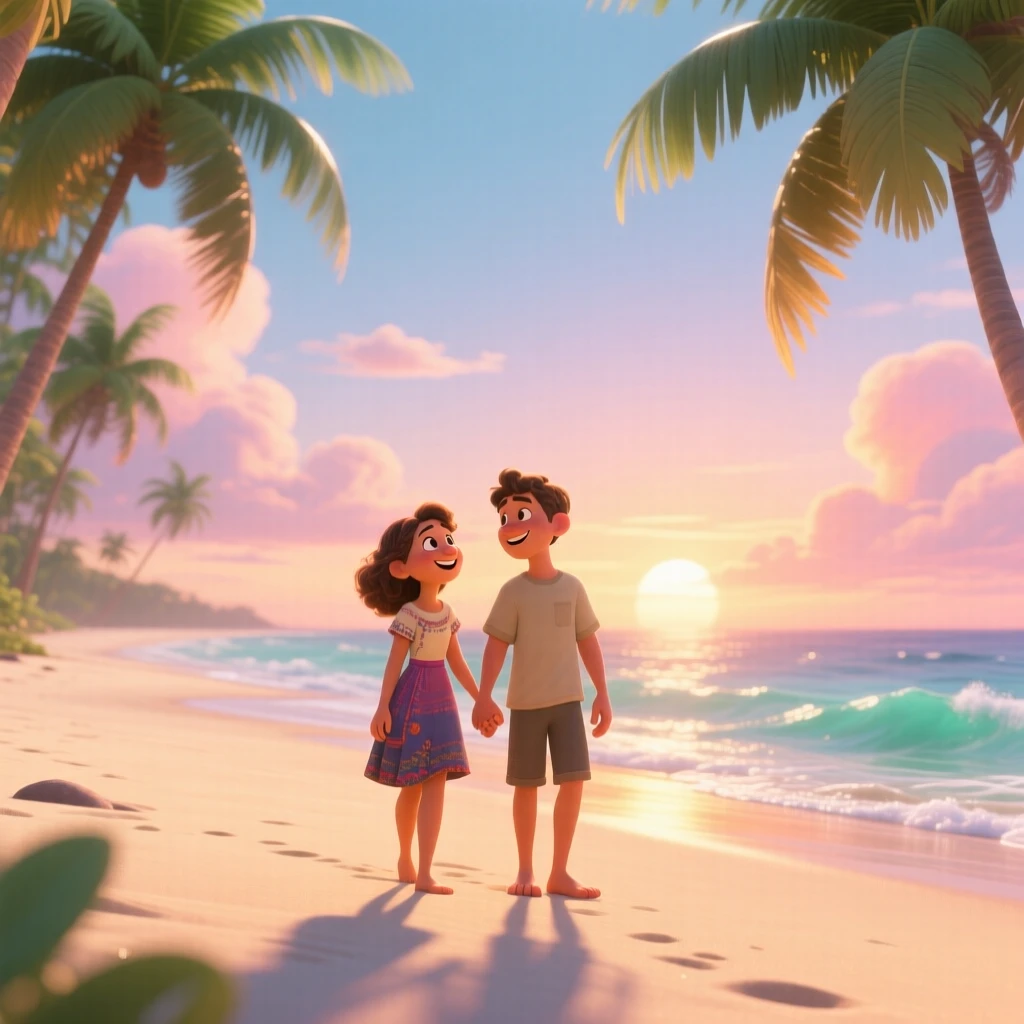 A couple holding hands stands on a tropical beach lined with swaying palm trees, watching the sun rise over the horizon. The scene feels vast, calm, and full of possibility, with soft clouds drifting across the sky.
