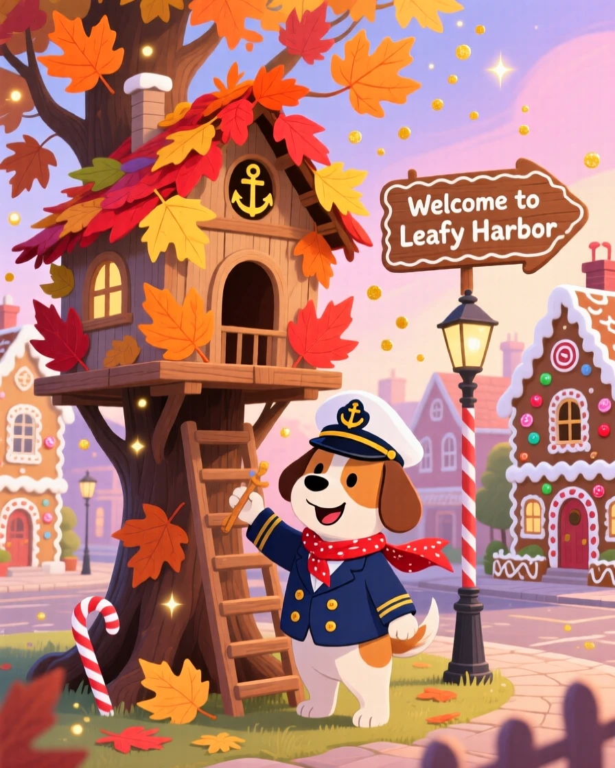 A dog dressed as a sea captain delights in building a treehouse out of giant autumn leaves, tucked within a town square made entirely of gingerbread, as gentle sparkles settle over the scene.