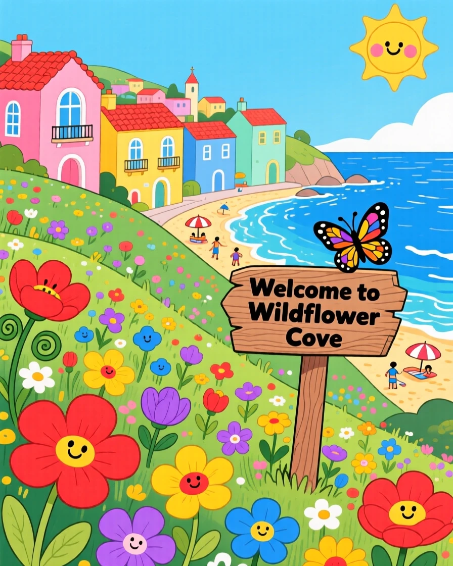 A wildflower hillside overlooking a coastal town.